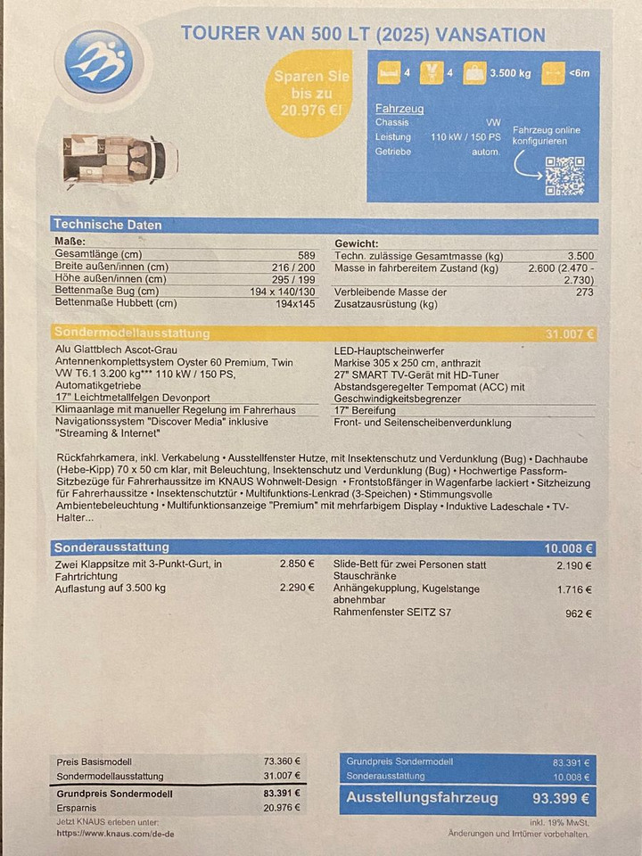 Semi-integrated motorhome Knaus Tourer Van 500 LT, slide Bett, 4 P. Zulassung: picture 20