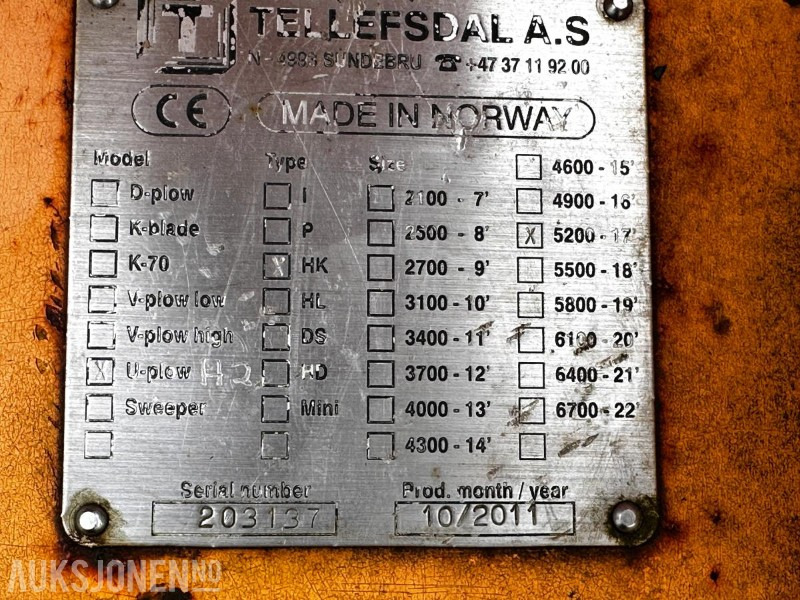 2011 Tellefsdal U-plow HK 5200 - 17` U-Plog - Attachment for Construction machinery: picture 4 2011 Tellefsdal U-plow HK 5200 - 17` U-Plog - Attachment for Construction machinery: picture 4